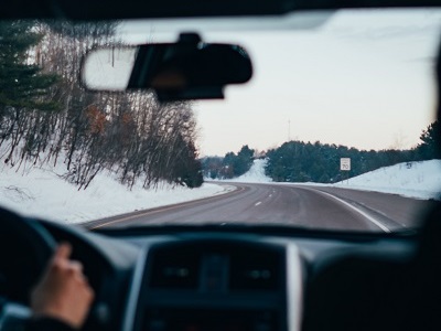 View from inside a vehicle looking through the windshield
