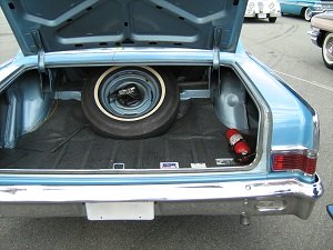 a spare tire in a car's trunk a spare tire in a car's trunk