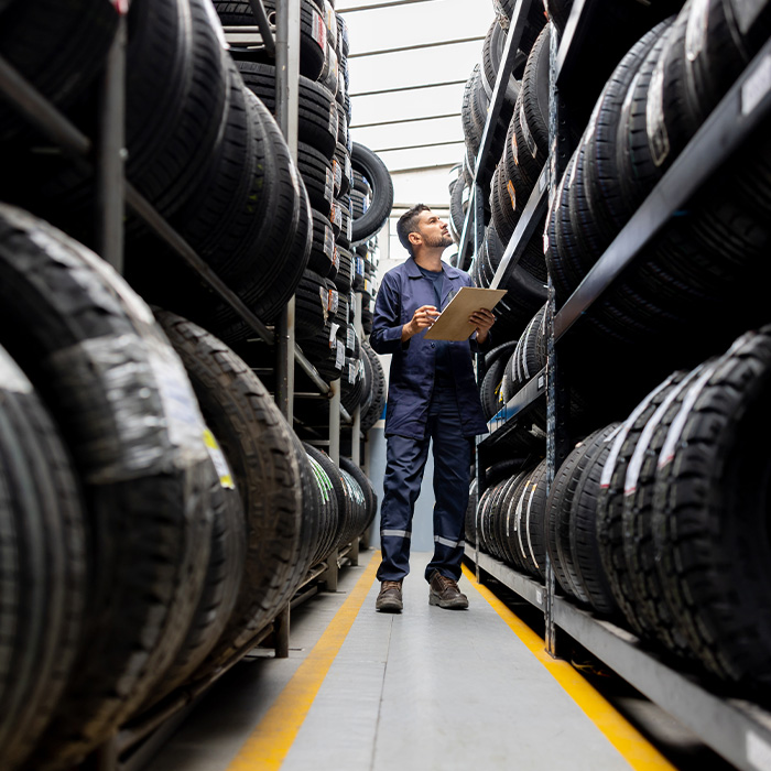 Man working at a tire factory and doing an inventory