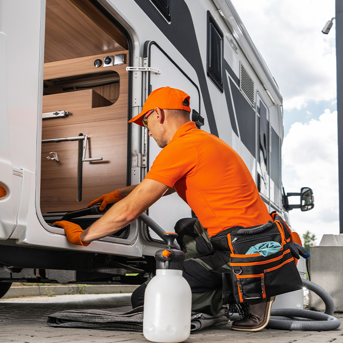 RV renting company worker is cleaning the interior of a recreational vehicle